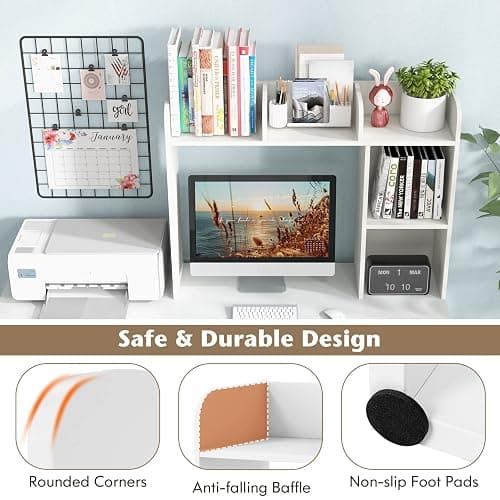Tangkula Desktop Bookshelf, Countertop Storage Hutch with 5 Shelves for Computer Desk, Desktop 3-Tier Display Rack, Multipurpose Wood Desktop Hutch Storage Organizer for Dorm Office Home - White-5 Shelves thumbnail 5
