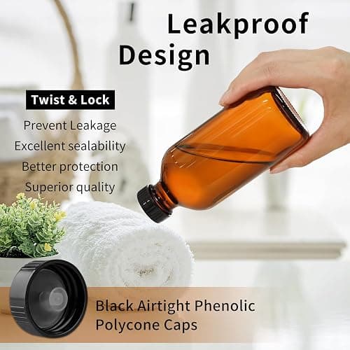 24 Pack 8oz Amber Glass Boston Round Bottles with Phenolic Polycone Caps – Airtight, Leak-Proof Brown Glass Containers for Kombucha Brewing, Storing Condiments, Essential Oils, and Homemade Solutions thumbnail 4