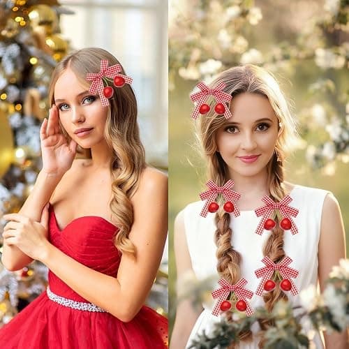6pcs Cherry Bow Hair Clip Cute Rhinestone Alligator Clips Metal Alligator Clips Bow Nonslip Velvet Decor Lovely Hair Barrette for Women Girls Christmas Hair Decoration (Pink white) thumbnail 4