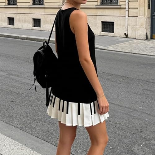 MA&BABY Womens Piano Keys Dress Summer Crew Neck Sleeveless Patchwork Pleated Tank Mini Dresses thumbnail 4