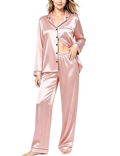 SWOMOG Womens Silk Satin Pajamas Set Long Sleeve Button Down Sleepwear 2 Piece Lounge Set Pj Set XS-3XL - Image 1