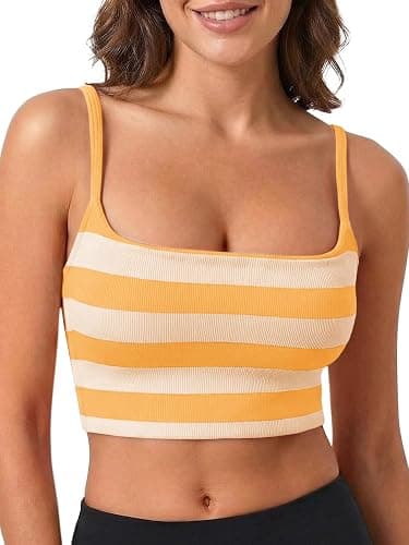 Aoysky Womens Striped Square Neck Sports Bras Spaghetti Straps Ribbed Padded Low Impact Yoga Workout Camisole - Image 1
