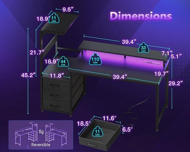 Casaottima 52 Inch Gaming Desk with USB Charging Ports & LED Light - Reversible Computer Desk with 3 Fabric Drawers, Monitor Stand, CPU Stand, Modern Office Desk, Black thumbnail 3