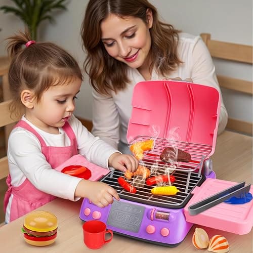 Kids BBQ Grill Playset with Coooking Apron Hat Toddler Girl Pink Kitchen Toy Ages 3-5 4-8 Pretend Smoke Sound Light Outdoor Barbecue Accessories Toy for 3 4 5 Year Old Girl Birthday Gift thumbnail 2
