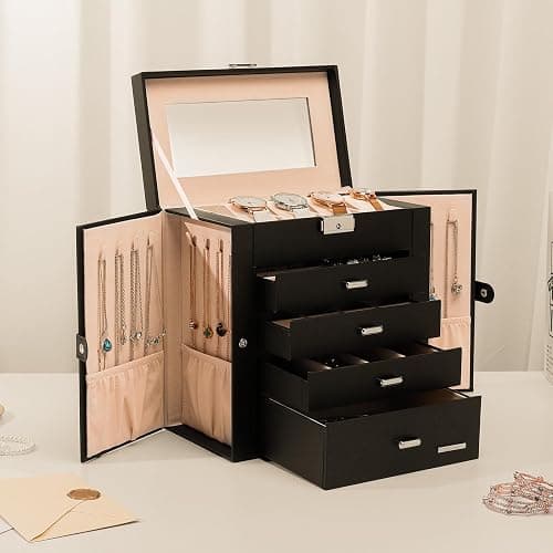 Homde Synthetic Leather Huge Jewelry Box Mirrored Watch Organizer Necklace Ring Earring Storage Lockable Gift Case (Black) thumbnail 2