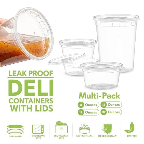 ELEGANT DISPOSABLES Combo Set 8, 8oz - 8, 16oz - 8, 32oz Plastic Deli Food Storage Containers with Airtight Flexible Lids Microwavable, Leak Free, Washable, Freezer Safe. thumbnail 8