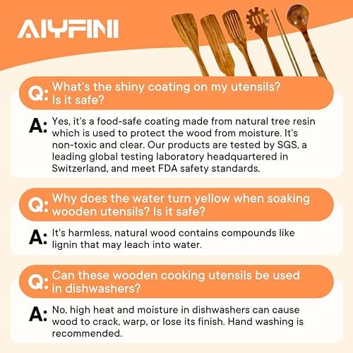 Non-Toxic Wooden Utensils for Cooking - Natural Acacia & Glue-Free,15.4" Large Spatula Set, Long Handle for Scald-Resistant, Wood Kitchen Spoons/Chopsticks/Holder, for Non Stick Frying Pans by ALYFINI thumbnail 8