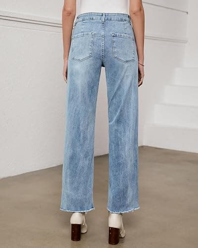 GRAPENT Straight Leg Jeans for Women High Waisted Stretchy Frayed Raw Hem Loose Denim Pants Casual Baggy Jean Trousers thumbnail 3