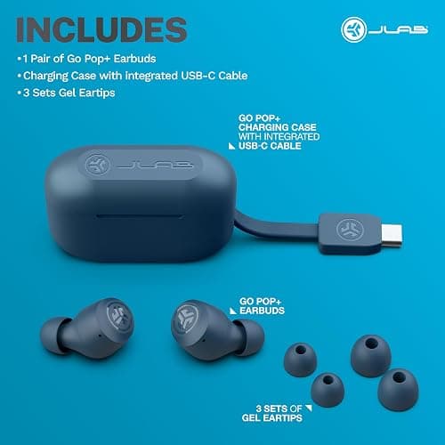 JLab Go Air Pop+ True Wireless Earbuds, in Ear Headphones, Bluetooth Earphones, 35H Playtime Ear Buds, Bluetooth Earbuds with Microphone, USB-C Charging Case, Dual Connect, EQ3 Sound, Navy Blue thumbnail 7