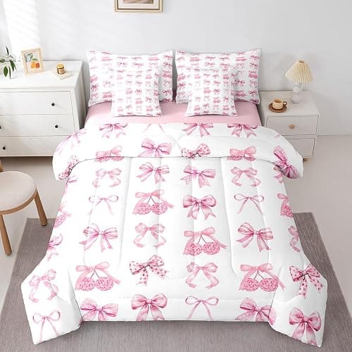 Feelyou Pink Bow Kids Comforter Set with Sheets,Boys Girls Twin Size,Disco Light Ball Print 7 Piece Bedding Set,Cute Coquette Bow Knot Bed in a Bag,Butterfly Knot Princess All Season Bowknot thumbnail 3