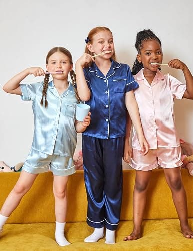 Arshiner Girls Pajamas Silk Satin Pajama Sleepwear Button Down Kids Pj Set | Soft Comfortable Silky Fabric, 2-Piece Pjs, Cute Pajamas for Little & Big Girls, Ideal for Lounging and Sleeping thumbnail 5
