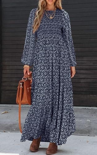 PRETTYGARDEN Women's Fall Dresses 2025 Long Sleeve Flowy Casual Floral Maxi Dress Crew Neck Smocked Tiered Long Dress thumbnail 4