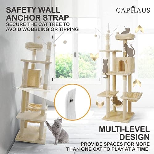 CAPHAUS 70-Inch Multi-Level Tall Cat Tree with Cute Top Perch, Scratching Posts, Cat Activity Tree w/Modern Hammock, Cat Cave Condo for Large Cats Kittens Tall Cat Climbing Play Tower thumbnail 4