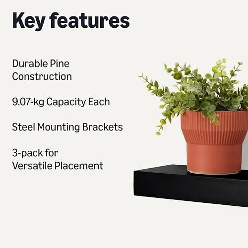 Amazon Basics Wood Floating Wall Shelves, Pack of 3, Black, 15.8" x 5" x 1.8" thumbnail 3