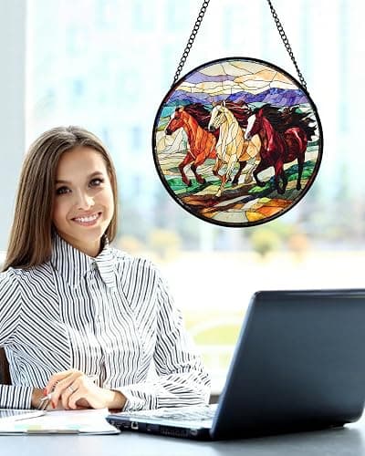 Stained Glass Window Hanging 3 Horses Suncatcher Gifts for Women 6.3" | Sun Catcher Decor Birthday Christmas Mothers Day Anniversary Gift for Mom Grandma Nana Wife Mother In Law thumbnail 6