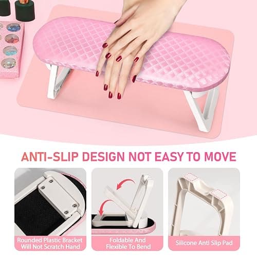 krofaue Nail Hand Rest - Folding PU Leather Arm Rest for Nails Tech with Nail Mat, Cushion Nail Hand Rest Stand for Acrylic Nails Professional Nail Pillow for Manicure Pedicure Salon Home (Pink) - Pink Nail Hand Rest thumbnail 4