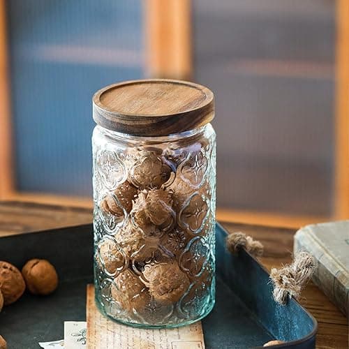 34 OZ/2 PCS Glass Storage Jar with Airtight Bamboo Wooden Lids, Vintage Food Containers Canisters Sets for Kitchen Counter Pantry, Sugar, Flour, Candy, Tea, Coffee Beans, Oats, Grain Bin, Pasta, thumbnail 7