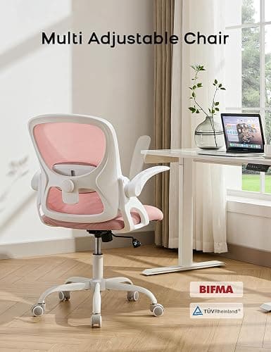 Home Office Chair，Ergonomic Mesh Desk Chair with Adjustable Lumbar Support, Flip-up Arm Rocking Swivel, Mid-Back Comfy Computer Chair (White-Pink) thumbnail 4