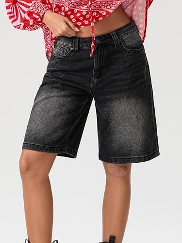 NUFIWI Women Baggy Denim Bermuda Shorts Y2k Straight Denim Shorts | Jean Shorts Womens, Wide Leg, Short Pants, Vintage, Casual, Knee Length, Long Jorts with Pockets, Oversized, Trendy thumbnail 8