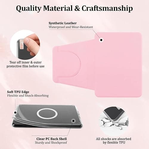 Vane Oak Magnetic Rotating Stand Case for 7'' Kindle Paperwhite & Colorsoft | Magnetic Detachable, Adjustable Stand, Auto Wake/Sleep, Clear PC Case, Soft TPU Edge, Hand Strap, Anti-Slip Grooves, Pink thumbnail 7