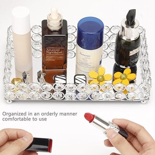 Elegant Silver Crystal Mirror Perfume Tray for Vanity, Coffee Table, and Home Decor - Small Glass Tray for Jewelry, Perfume, and Decorative Items - Bandeja para Perfumes, Perfume Trays for Dresser thumbnail 4