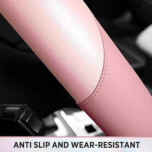 Road Comforts Steering Wheel Cover – Breathable Leather Steering Wheel Cover, Anti-Slip Grip, Universal Fit 14.5” to 15”, Heat & Cold Resistant for Cars, SUVs, and Trucks – Shining Pink & Pink thumbnail 7