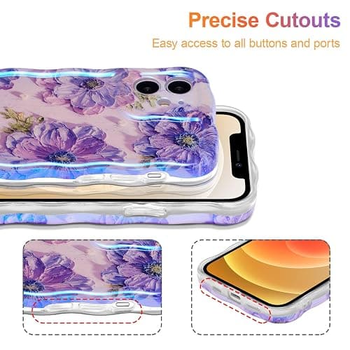 EYZUTAK Case for iPhone 12, Colorful Retro Oil Painting Printed Flower Laser Glossy Pattern Cute Curly Waves Border Exquisite Phone Cover Stylish Durable TPU Protective Case for Girls Women - Purple thumbnail 5