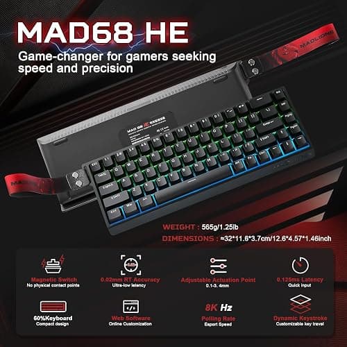 YUNZII MAD68 HE Clavier Mécanique Gaming, Clavier Filaire 60% avec Commutateurs Magnétiques à Effet Hall, Rapid Trigger 8000Hz, Hot Swap, RGB, Capuchons en PBT (Black, Magnetic Switch) thumbnail 2
