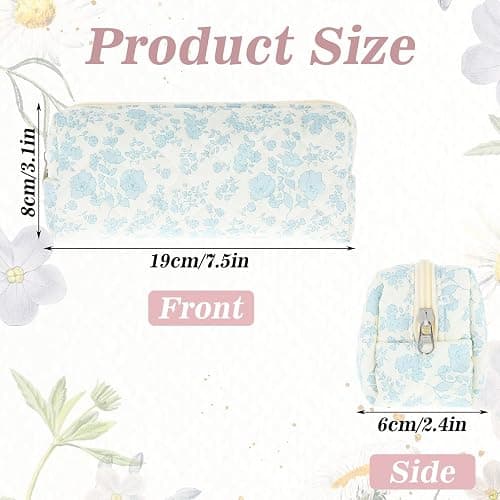 HJZHII Cute Pencil Case, Aesthetic Flowers Pencil Pouch, Portable Pen Bag Wide Opening, Soft Quilted Pencil Pouch Organizer with Zipper for Office College Storage Makeup Pouch, Blue Flowers thumbnail 4