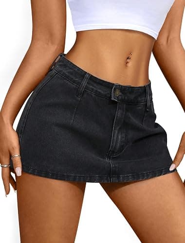IWD Denim Mini Skirt for Women Low Waisted Jean Micro Skort with Shorts Stretch Casual Jean Skirt - Image 1