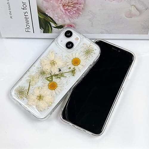 Abbery for iPhone 13 Mini/iPhone 12 Mini Clear Case with Real Pressed Flowers Design, Glitter&Sparkle Cute Dried White Floral Slim Soft TPU Protective Women Girl's Phone Cover - White Gold - for iPhone 12 Mini/iPhone 13 Mini thumbnail 4