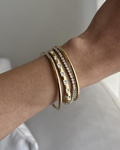 PAVOI 14K Gold Plated Bangle Bracelet for Women | Classic Lightweight Stacking Stainless Steel Bracelet | Single & 2-Pack Bangles thumbnail 4