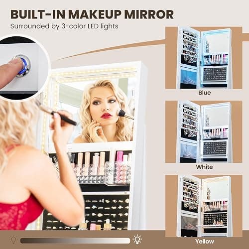 CHARMAID Swivel LED Mirror Jewelry Cabinet Armoire, Full Length Mirror with Storage, 3 Color & Adjustable Lights, Lockable Standing Jewelry Organizer with Lighted Mirror (White) thumbnail 6