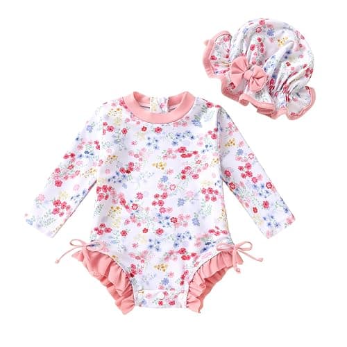Infant Baby Swimsuit Girl Long Sleeve UPF 50+ Sun Protection One-Piece Rash Guard with Hat Zipper Bathing Suit - Image 1