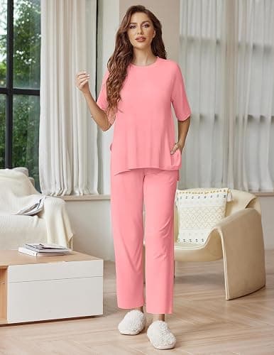Ekouaer Lounge Sets for Women Short Sleeve Tops and Long Pants Soft Comfy Pajamas Set 2 Piece Outfits S-XXL thumbnail 3