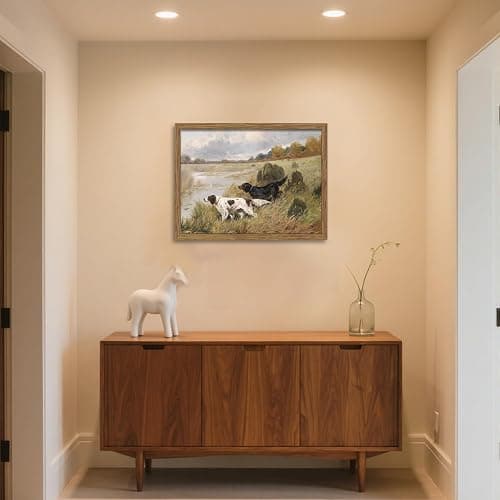 Wood Framed Vintage Dog Wall Art, Retro Country Hunting Dog Animal Canvas Wall Decor Paintings, Antique Rustic Farmhouse River Landscape Posters Prints Pictures for Living Room Gallery 16x24 Inch thumbnail 2