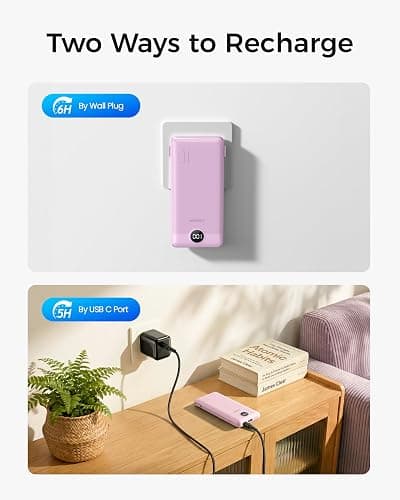 VEGER Portable Charger Power Bank with Built-in AC Plug and Cables, All in One 10000mAh Ultra Slim Travel Essentials, Fast Charging Battery Pack Compatible with iPhone, Samsung, Android, Purple thumbnail 5
