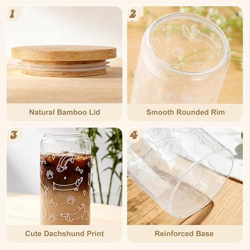Dachshund Gift for Women, Funny Wiener Dog Gifts Glass Cup with Lid & Straw Coffee & Smoothie Tumbler for Weenie Lovers Dog Owners Pet Moms Wife teens Friend Sister for Mother’s Day Birthday thumbnail 5