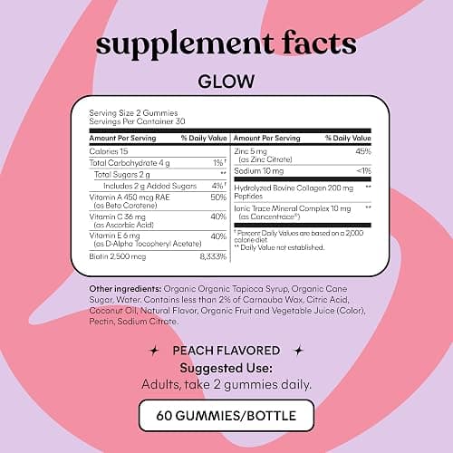 Lemme Glow Collagen Gummies for Women, Hair Growth, Strong Nails & Healthy Skin, Hydrolyzed Collagen Peptides, Biotin 2500mcg, Zinc, Vitamins A, C & E, Peach Flavor, 60 Count, 30-Day Supply thumbnail 5