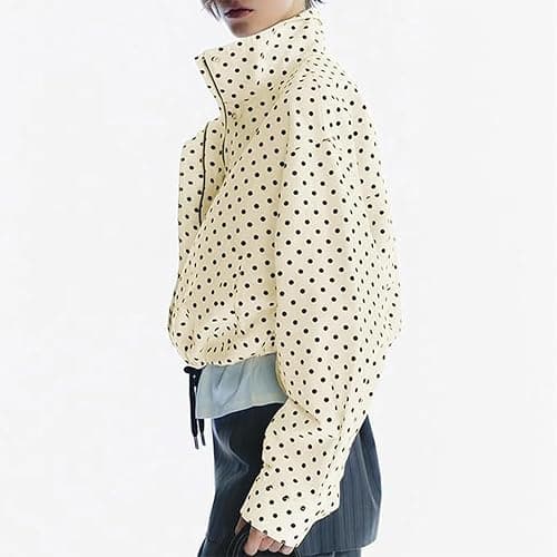 JoinQueen Women Polka Dot Jacket Stand Collar Cropped Jackets Zip Up Coat Casual Fashion Coat Fall Spring Jacket with Pockets thumbnail 6