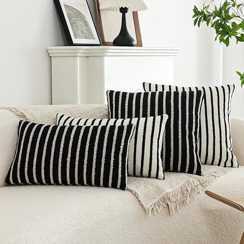 Jonhier Black Striped Lumbar Boho Throw Pillow Cover, Modern Boucle Textured Rectangle Pillowcase for Sofa Couch Bed, Neutral Farmhouse Accent Decorative Cushion Cover for Living Room, 12 x 20 inch thumbnail 8