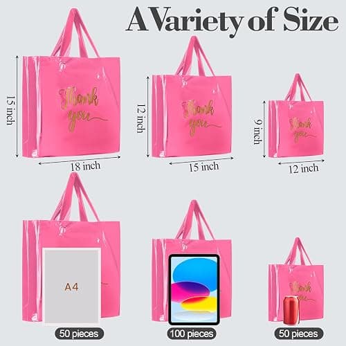 Teling 200 Pcs Thanks Bags with Handle Bulk Thank You Merchandise Bags 3 Size Plastic Packet Retail Shopping Package for Boutique 9 x 12'', 12 x 15'', 15 x 18''(Pink) thumbnail 3