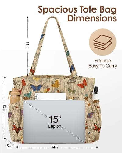 Miss Adola Large Corduroy Tote Bag for Women with Zipper | Zipper Closure, Large Shoulder Bag, Multi-Pocket Storage, Reusable School Tote, Cute Aesthetic Design for Work and Travel thumbnail 4