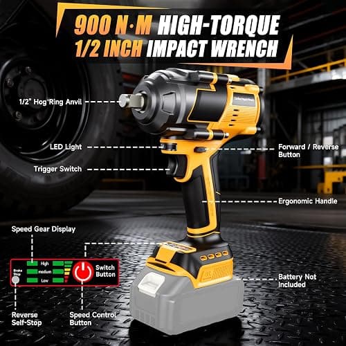 Cordless Impact Wrench 1/2" Compatible with DeWalt 20V Battery – 750 Ft-lbs (1000Nm) High Torque Brushless Motor, 4-Speed Impact Gun with LED Light (Tool Only) thumbnail 7