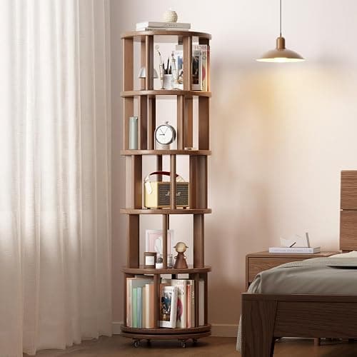 Muwuele Solid Wood Rotating Bookshelf on Wheels, 5 Tier, Round Revolving Bookcase, 360° Spinning Book Shelf Tower for Kids, Narrow Rolling Bookshelves for Small Space, Corner, Bedroom, Office, Walnut thumbnail 8