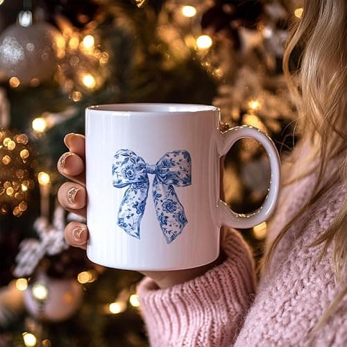 JKMBN Chinoiserie Bow Coffee Tea Mugs, Coquette Grandmillennial Bows Ceramic Coffee Mug, Vintage Blue Coffee Cup, 11oz Ceramic Cup White thumbnail 5