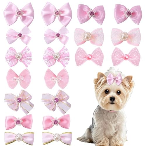 20 PCS Cute Dog Hair Bows with Rubber Bands Elastic Handmade Mix Style Lace Rhinestone Pearls for Furry Puppy Cat Pet Girl, Pink - Image 1