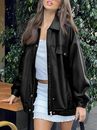 hathne Women's PU Leather Jacket Oversized Vintage Long Sleeve Motorcycle Faux Leather Blazer Jackets thumbnail 2