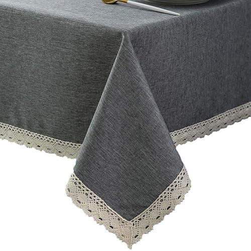 EHouseHome Faux Linen Tablecloth with Lace Trim - Waterproof/Spill Proof/Stain Resistant/Wrinkle Free/Oil Proof - for Banquet, Parties, Dinner,Kitchen,Wedding,Coffee,Holiday,Grey Square 52X52Inch - Image 1