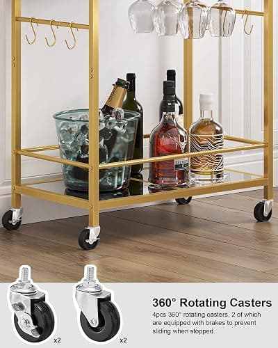TUTOTAK Bar Cart, Serving Cart for Home, Drink Cart, Mobile Kitchen Shelf with Wine Rack and Glass Holder, Rolling Beverage Cart, Gold BC01BB031 thumbnail 8